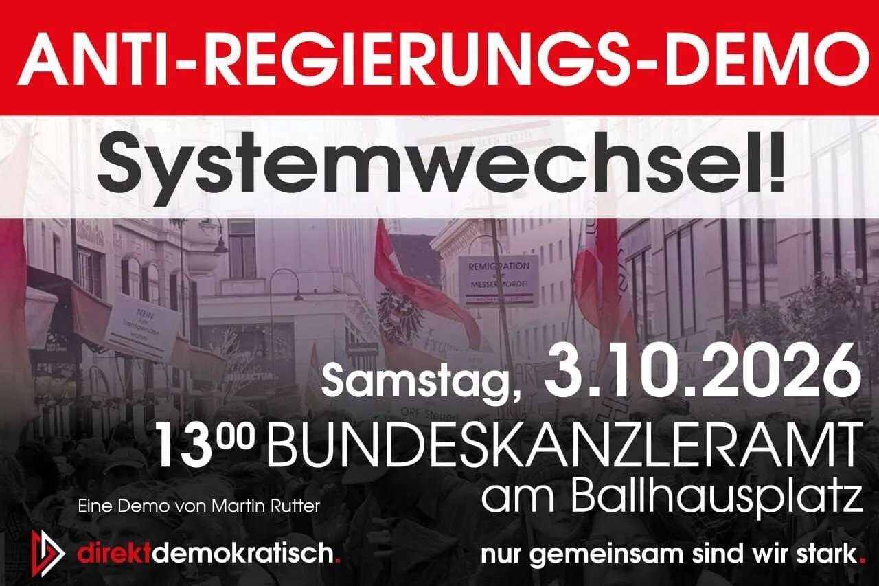Plakat zur Anti-Regierungs-Demo Systemwechsel am 3. Oktober 2026 in Wien
