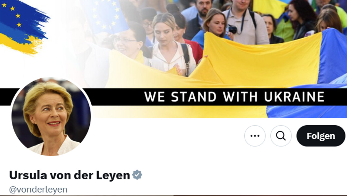 Kriegspräsidentin Von der Leyen modifiziert EU-Flagge mit Ukraine-Farben