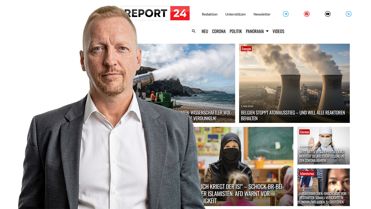 Florian Machl vor einem Screenshot von Report24.news